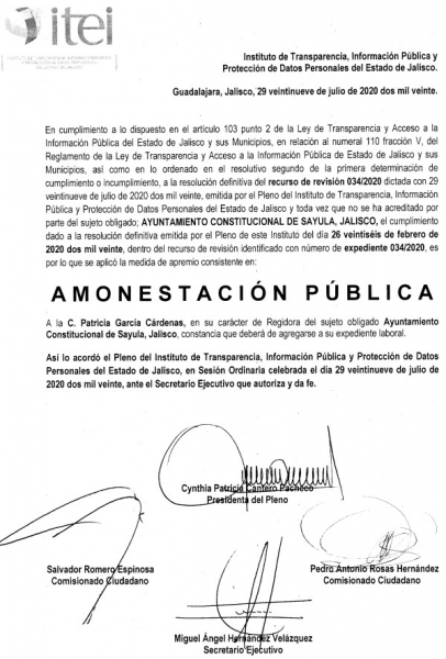 Amonestacion Publica para Patricia Garcia Cardenas, regidora de Sayula (PRD/MC)